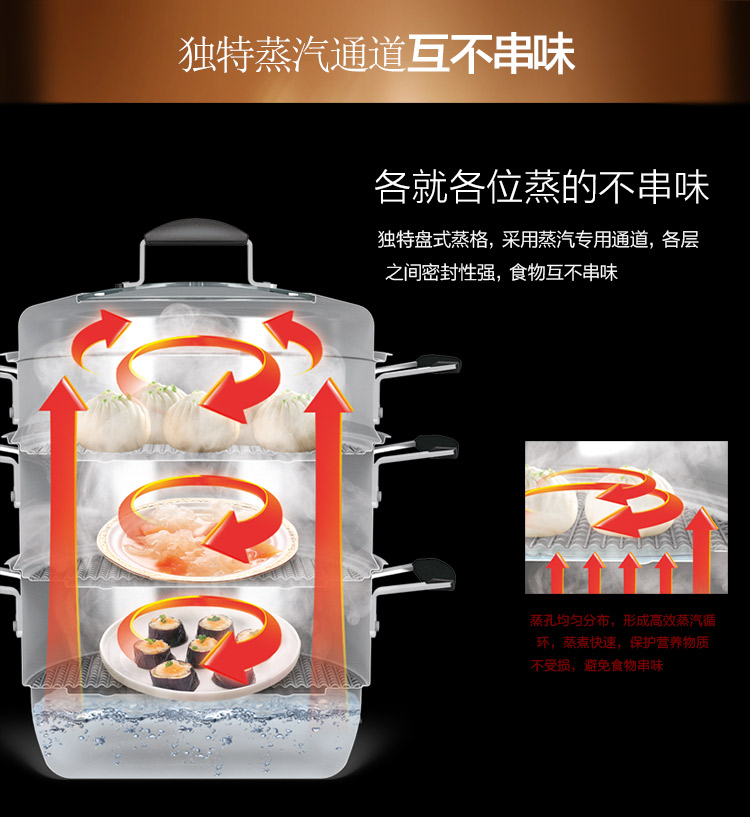 爱仕达 28CM三层复底304不锈钢蒸锅QS1528 电磁炉蒸锅 带蒸屉蒸格 不串味设计