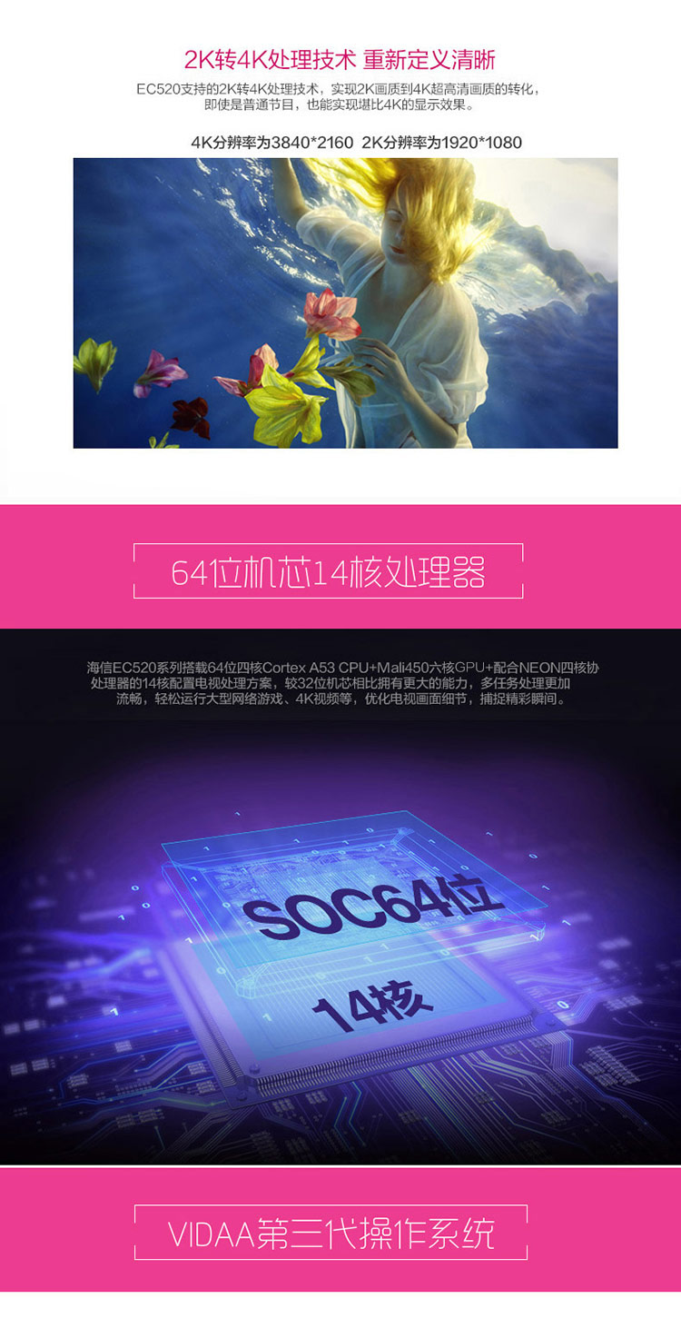 海信（Hisense）LED48EC520UA 48英寸 VIDAA3 14核 炫彩4K智能电视(黑色)