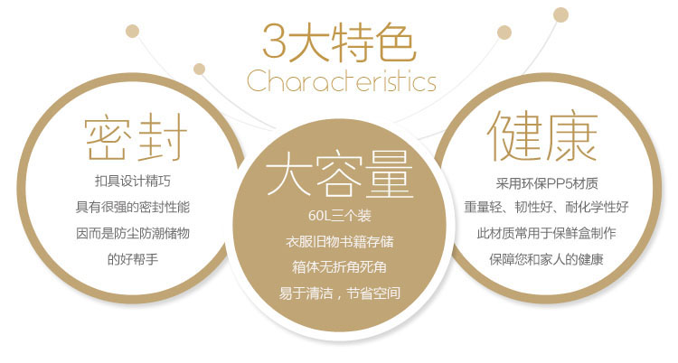 
                                        
                                        禧天龙Citylong 60L大号卡其色收纳箱带滑轮环保塑料储物箱家用整理箱3个装 6063                