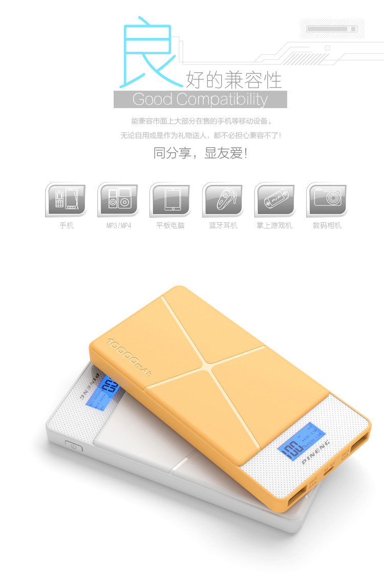 
                                        品能 10000毫安 移动电源/充电宝 聚合物 双USB输出 PN-983 经典白                
