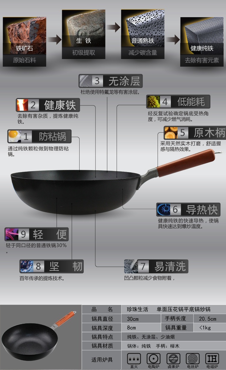 珍珠生活二代纤维凹凸防粘高纯铁炒锅30cm JD13008