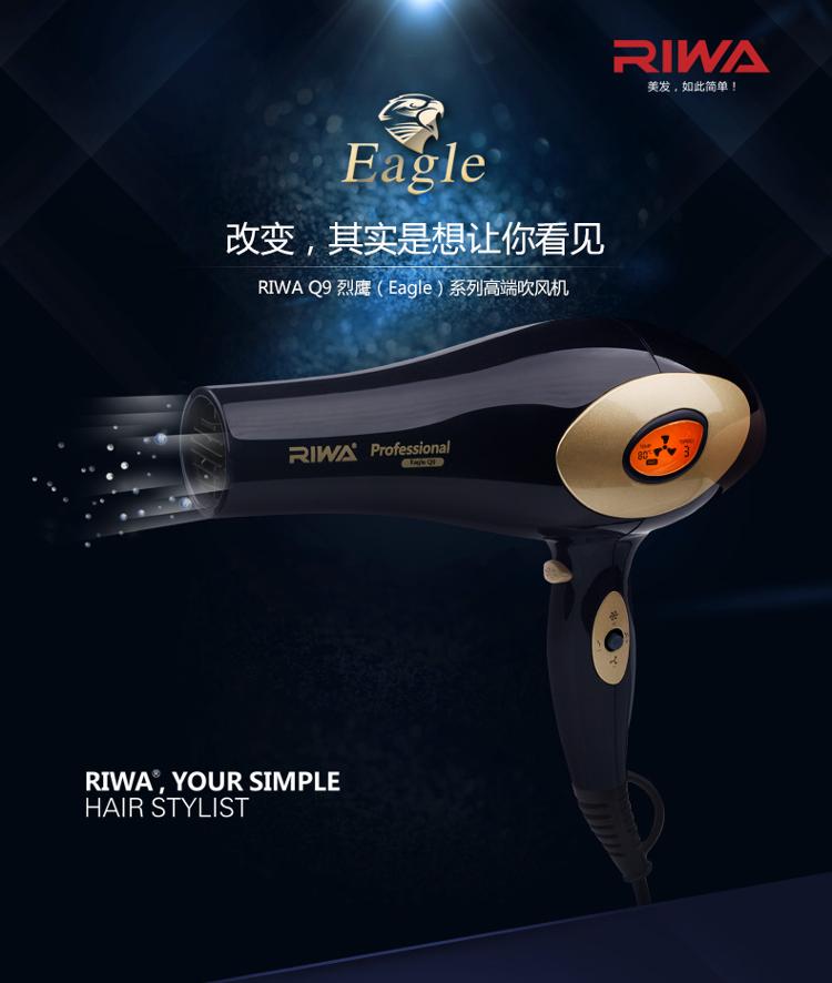 雷瓦(RIWA) 电吹风机 家用2200W大功率 负离子护发 数字液晶屏显 黑色Q9