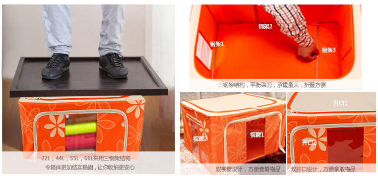 
                                        
                                                            空间优品 大号加固双视窗百纳整理箱 特色印花牛津布收纳箱66L两只装 太阳花橙+太阳花粉                