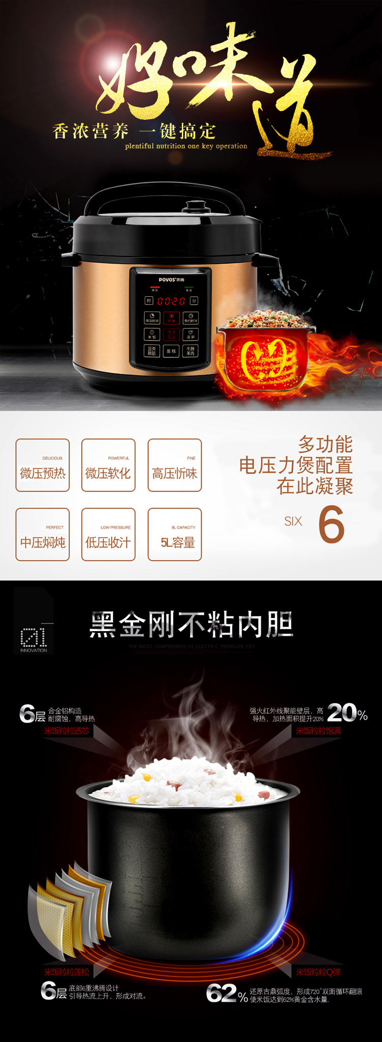 奔腾（POVOS）电压力锅电高压锅双胆 5L智能预约电压力煲LN5151