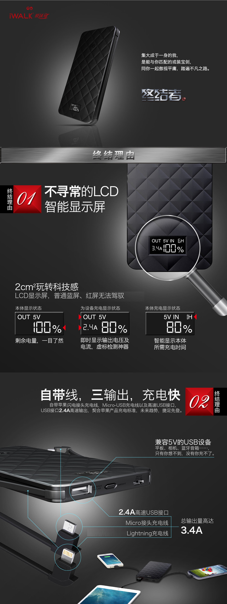 
                                        爱沃可（iWALK）10000毫安移动电源/充电宝 便携自带iPhone/安卓线 黑色 适用于苹果/三星/vivo/华为手机                