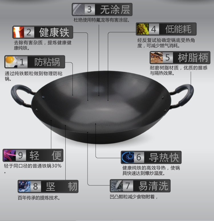 珍珠生活日本进口双耳铁锅36cm防烫手柄圆底无涂层炒锅无油烟GP-2057