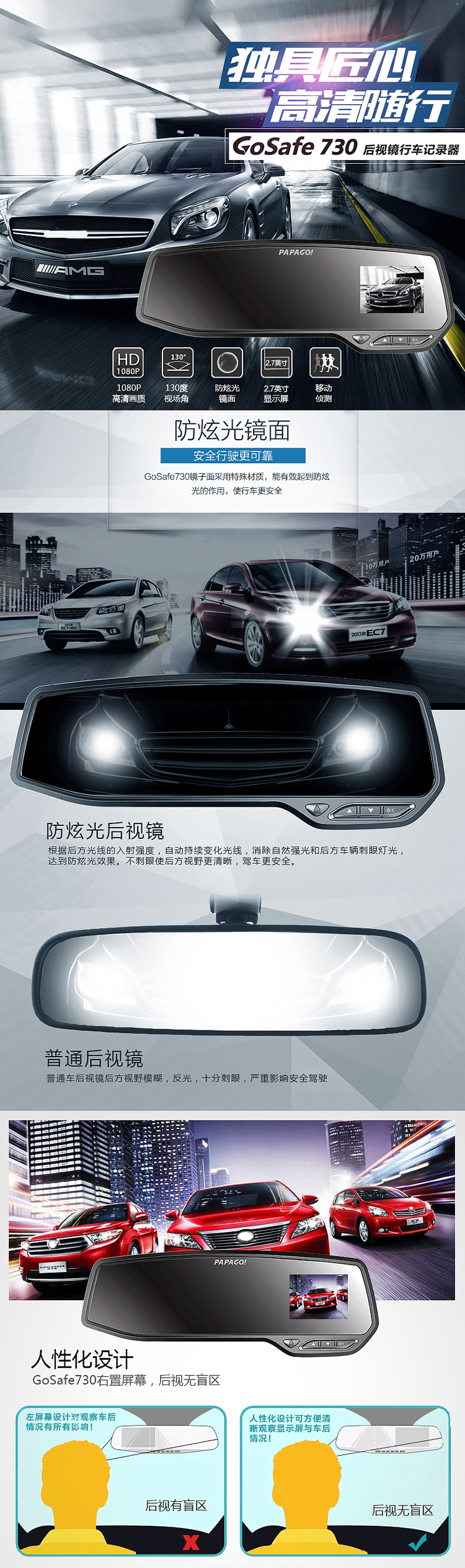 
                                        PAPAGO GoSafe730车载汽车后视镜隐藏式行车记录仪 防眩光高清夜视停车监控                