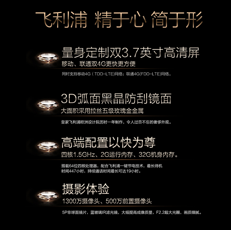 
                                        飞利浦 V989 尊爵黑 移动联通4G手机 双卡双待                 