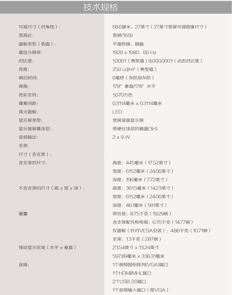 
                                        戴尔（DELL） S2715H 27英寸窄边框内置音箱IPS屏显示器                