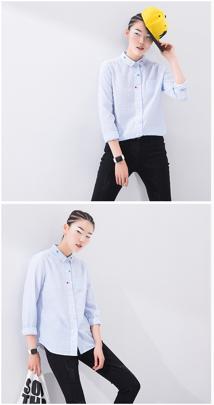 【初语衬衫】初语 春季新品 彩色纽扣泡泡布长袖衬衣女 8610212001 蓝