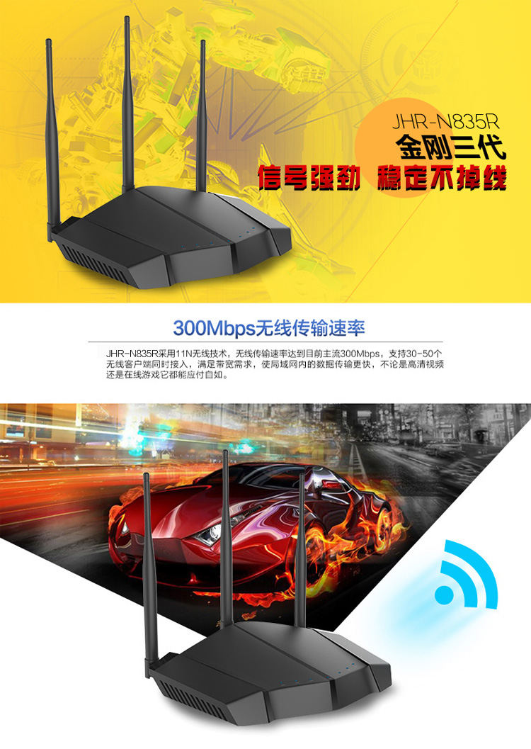 捷稀（JCG）JHR-N835R家用型300M智能wifi有线路由器无线穿墙