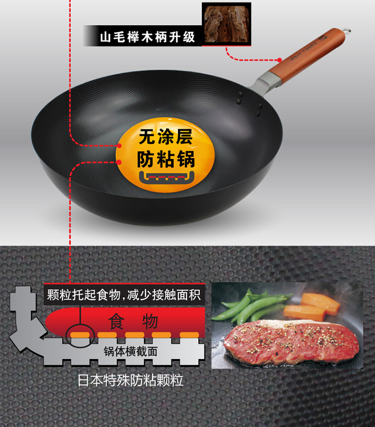 珍珠生活日本进口单面凹凸高纯铁炒锅30cm无涂层家用轻型铁锅物理不粘GP-2050
