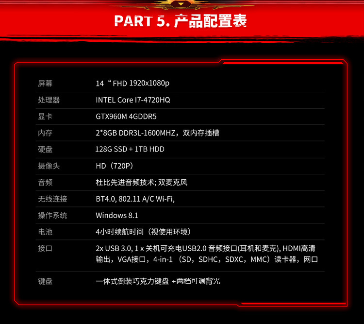 联想（Lenovo）拯救者 14.0英寸游戏本（i7-4720HQ 16G 128G SSD+1T GTX960M 4G独显 FHD IPS屏 背光键盘）黑