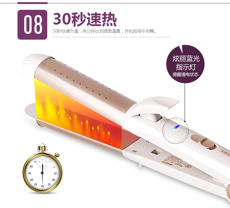 
                                        
                                                            雷瓦(RIWA) 卷发棒 卷直发器 干湿两用卷发器 电卷棒直板夹板二合一 RB-950A                