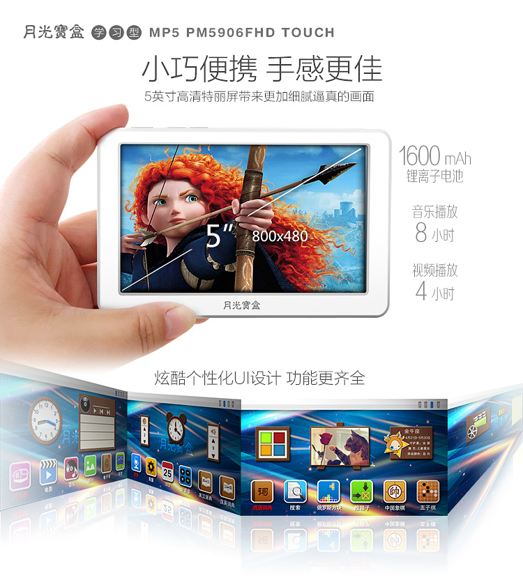 月光宝盒 MP5 5906 5英寸mp3播放器 MP4高清触摸屏mp4 超薄便携英语学习视频机MP5 8G白色