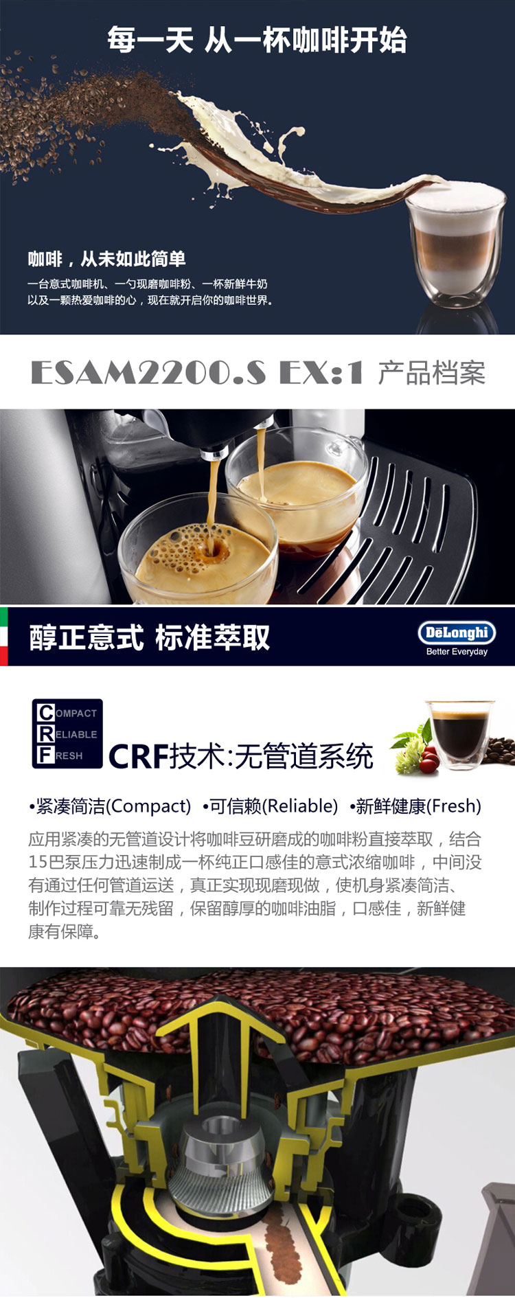 
                                        
                                                            
                                                            德龙（Delonghi）咖啡机 意式15Bar泵压 自动清洗 原装进口 家用全自动 ESAM2200                