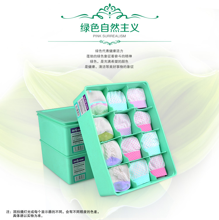 
                                        
                                        百草园(bicoy) 塑料收纳盒 内衣收纳盒储物盒3件套(可拆卸自由组合12格塑料盒) 绿色                