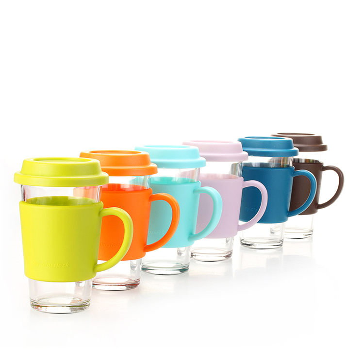 三光云彩glasslock 380ml带盖钢化耐热玻璃水杯含隔热套rc107 深蓝