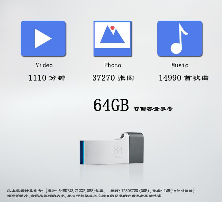 
                                        三星（SAMSUNG）DUO 64GB USB3.0 手机U盘 读150M/s 电脑、手机、车载U盘 金属银                
