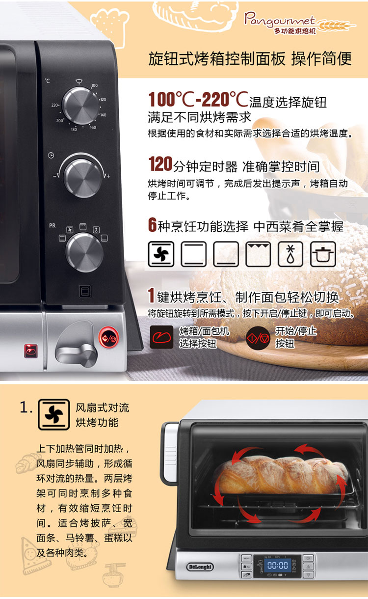 
                                        
                                                                                德龙（Delonghi）电烤箱 家用多功能烤箱（20L）双层玻璃门 烤箱面包机二合一 EOB20712                