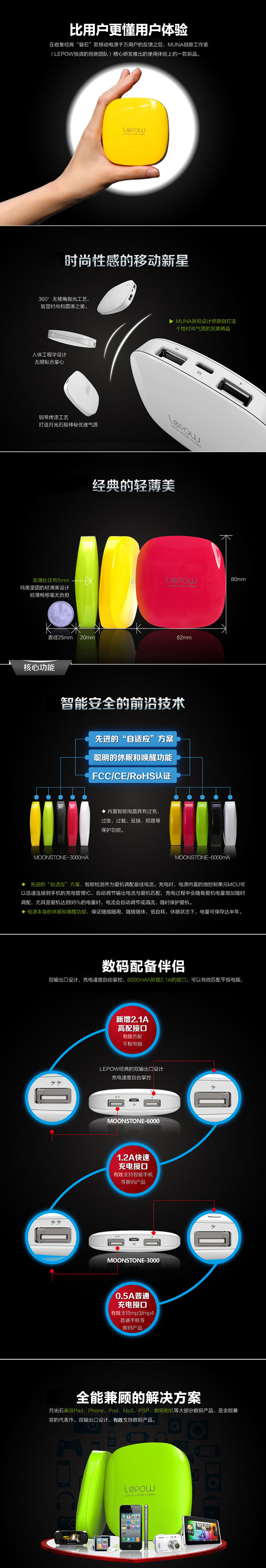 
                                        乐泡（lepow）6000毫安 聚合物 双USB输出 月光石 移动电源/充电宝 绿色                