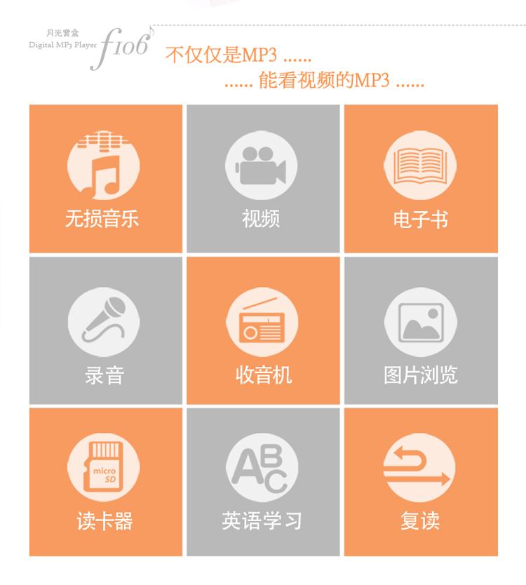 
                                        月光宝盒F106 8G白色hifi发烧级高音质无损MP3播放器 1.8英寸彩屏MP4便携运动车载U盘录音笔学习可用迷你超薄                