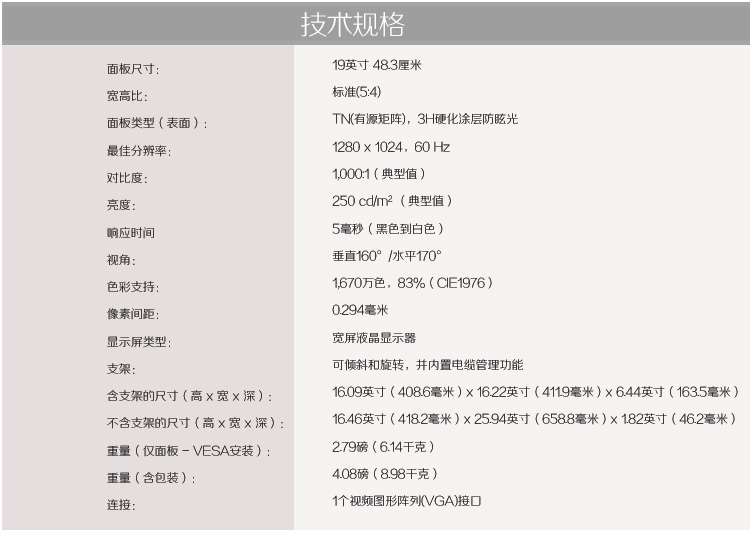 戴尔（DELL）E1913S 19英寸5:4正屏LED背光液晶显示器
