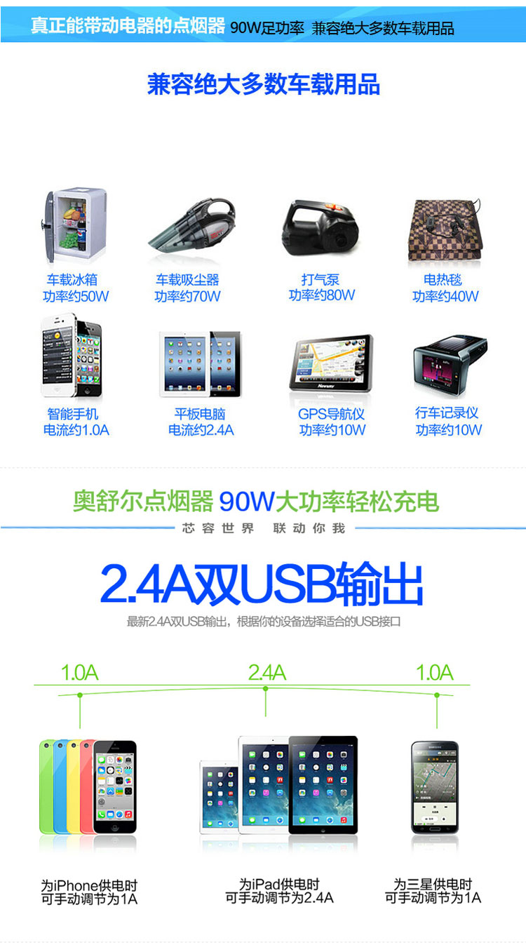 奥舒尔 E-DX25 车载充电器带双USB 一分三插座 可恢复保险丝90W