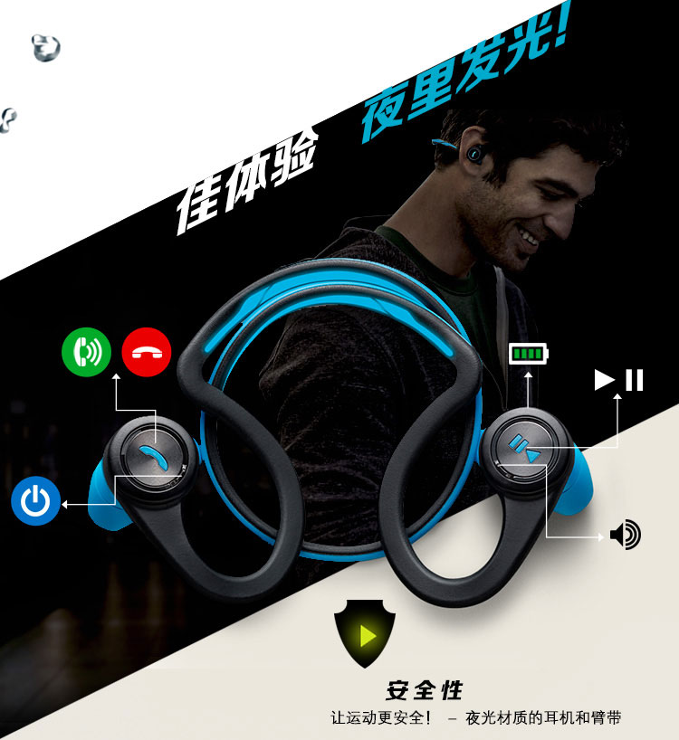 
                                        缤特力 BackBeat FIT 无线运动立体声蓝牙耳机 音乐耳机 通用型 双边耳挂入耳式 电光蓝色                
