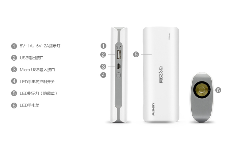 
                                        品胜 易充四代户外版 移动电源/充电宝 7500毫安 白色 LED手电照明 适用于苹果/三星/华为/小米手机/平板等                