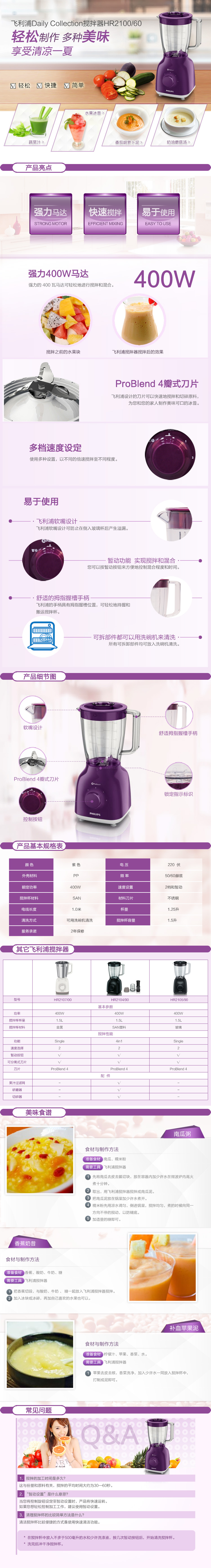 
                                        
                                                                                飞利浦（PHILIPS）料理机 家用多功能搅拌切碎榨汁机可做果汁 HR2100/60                