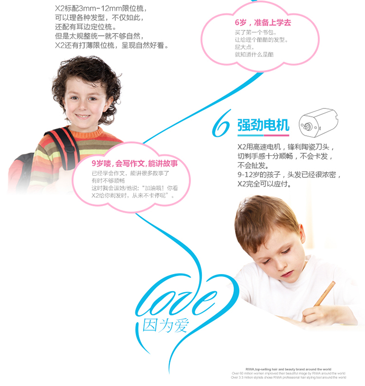 雷瓦（RIWA）X2 婴儿儿童水洗锂电电推子剃发器宝宝理发器（蓝色）