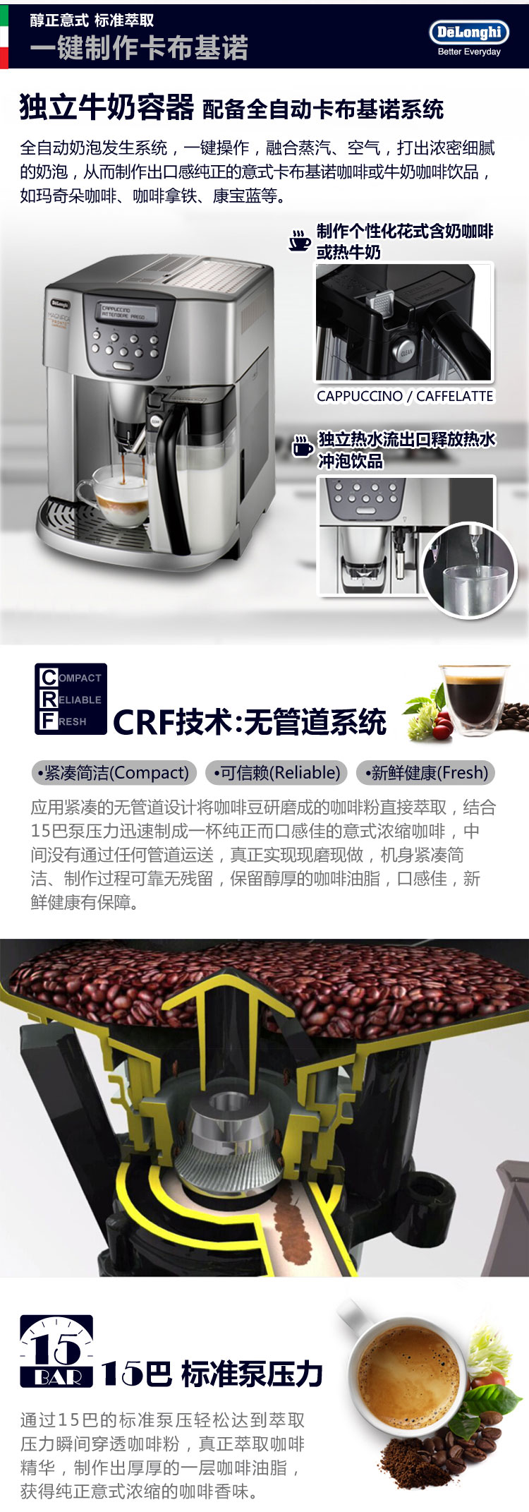 
                                        意大利德龙（Delonghi)  ESAM4500.S 全自动咖啡机 意式 家用 商用 欧洲原装进口 泵压 自动打奶泡                