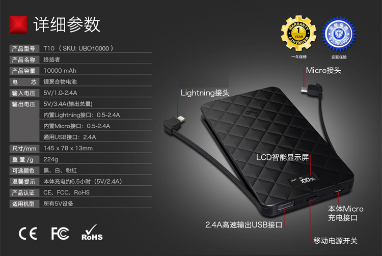 
                                        爱沃可（iWALK）10000毫安移动电源/充电宝 便携自带iPhone/安卓线 黑色 适用于苹果/三星/vivo/华为手机                
