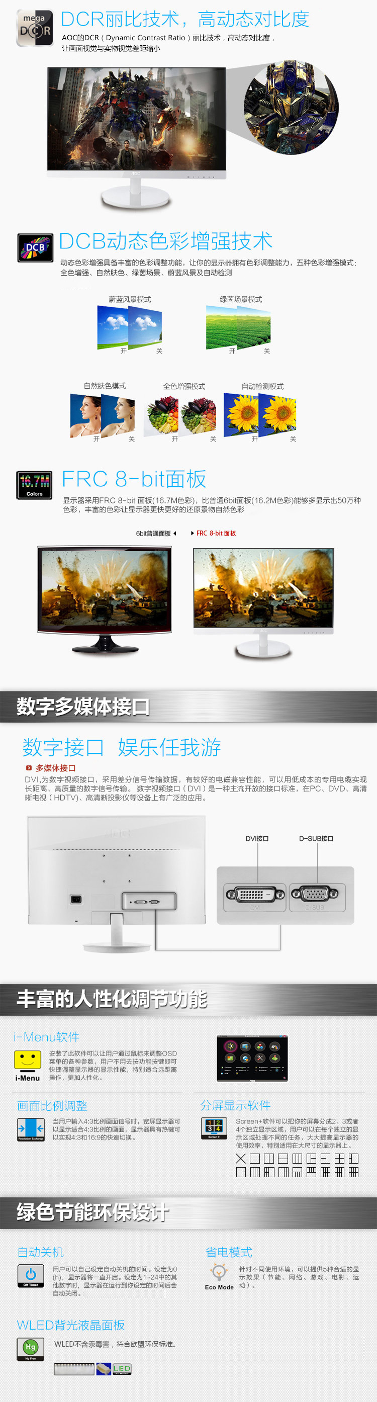 AOC I2269VW6/WW 21.5英寸爱眼净蓝光AH-IPS窄边框LED液晶显示器