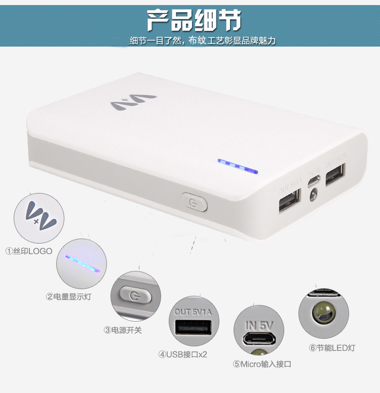 V+V（为家）炫彩V86  移动电源 智能MCU芯片 10400毫安 白色