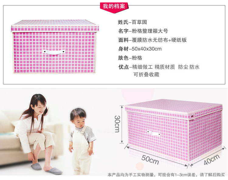 
                                        
                                        百草园 粉格大号收纳箱整理箱 衣服杂物收纳盒储物箱 60L 1个装                
