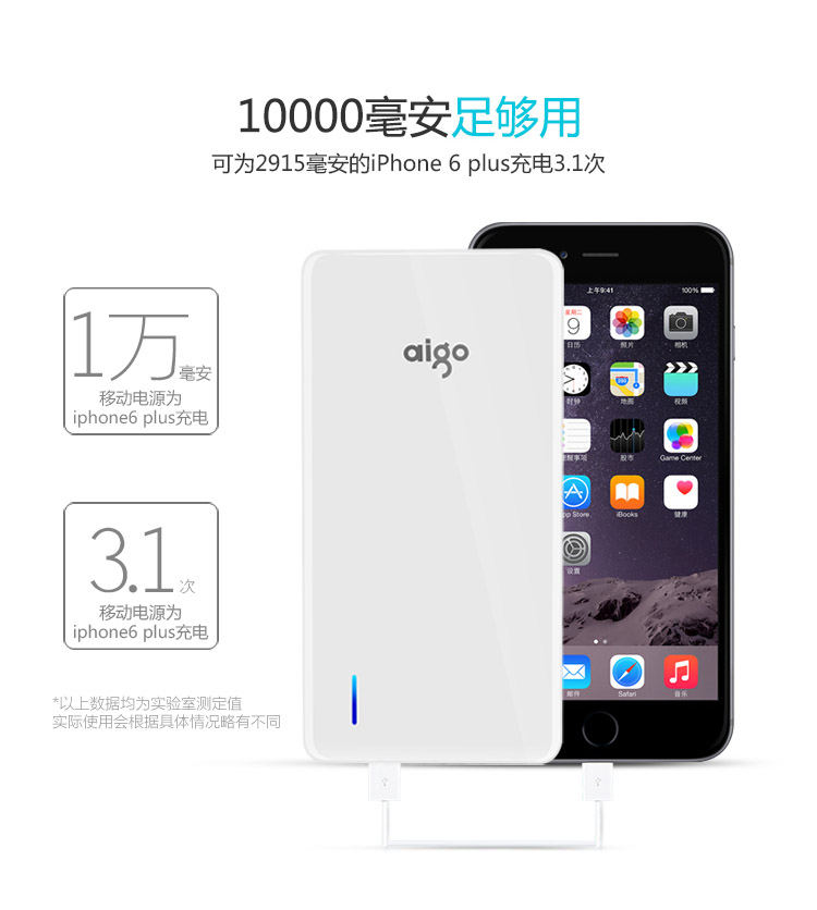 
                                        爱国者（aigo）N6充电宝移动电源超薄便携10000毫安聚合物电芯适用于苹果小米 LED强光手电 白色金边                