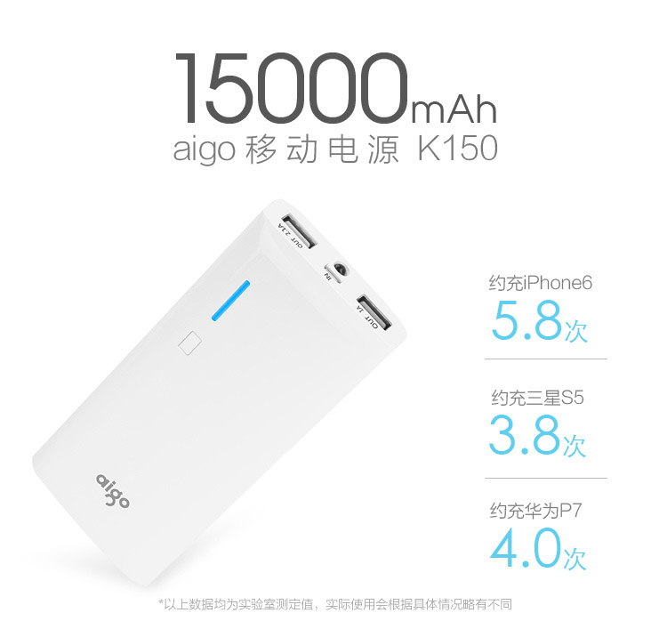 
                                        爱国者（aigo）15000毫安 K150 双USB输出 LED强光手电 苹果/安卓通用 移动电源/充电宝 白色                