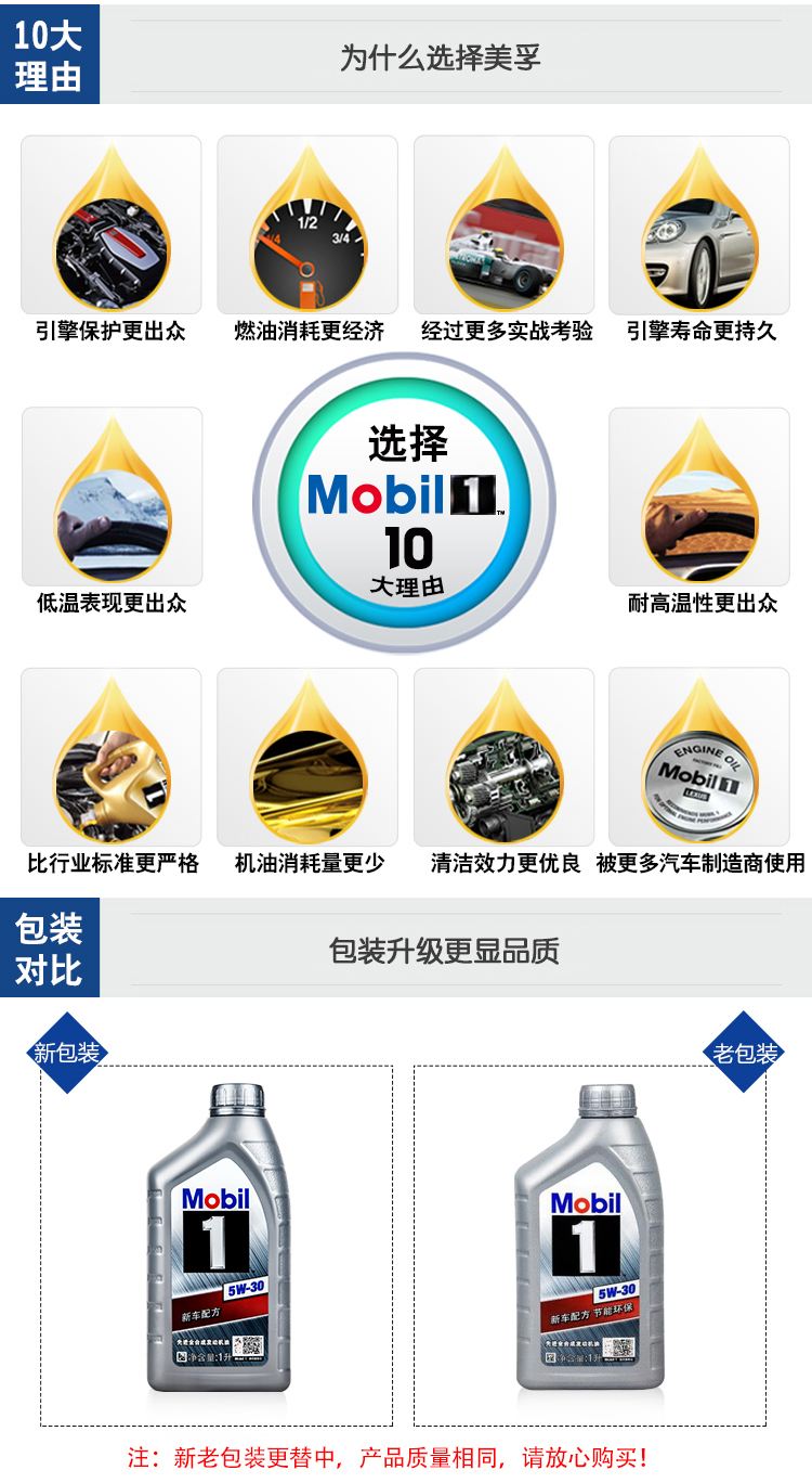 美孚(mobil) 美孚1號全合成機油 5w30 sn級(1l*4裝)