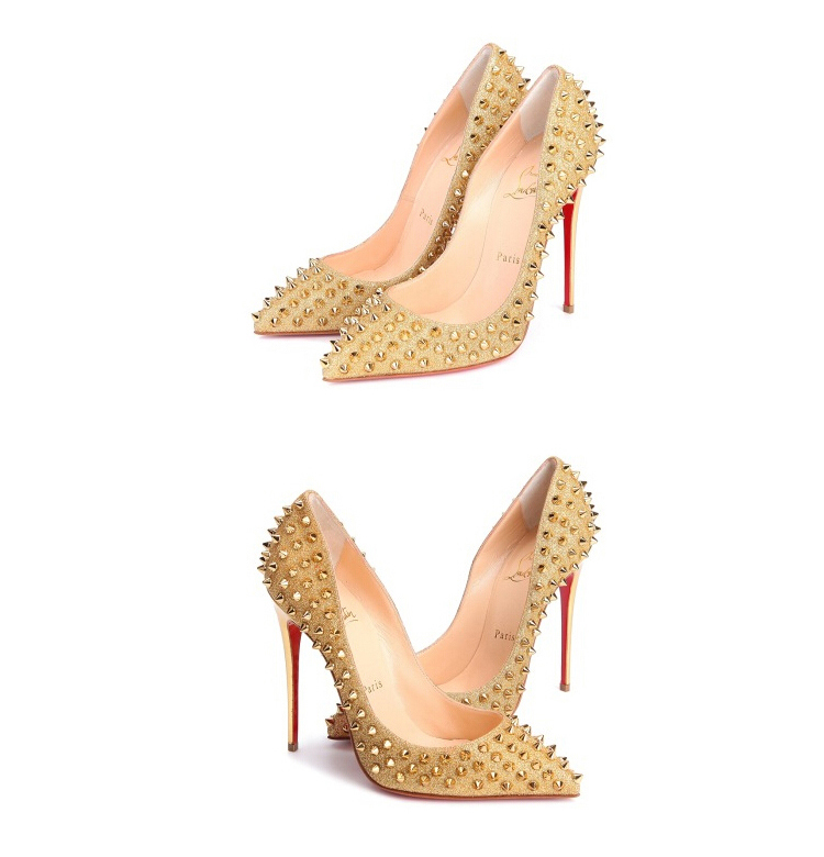louboutin 克里斯提·鲁布托 女款金色牛皮尖头时尚尖钉高跟船鞋