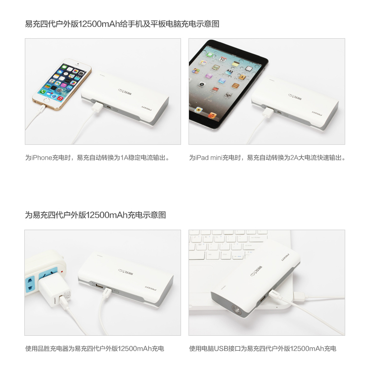 品胜 易充四代户外版 移动电源/充电宝 12500毫安 白色 LED手电照明 适用于苹果/三星/华为/小米手机/平板等