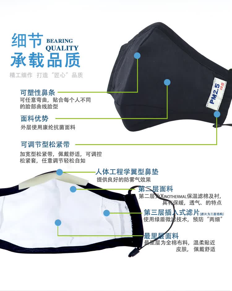 绿盾 抗菌口罩防尘 防雾霾 舒适保暖型 酷黑l