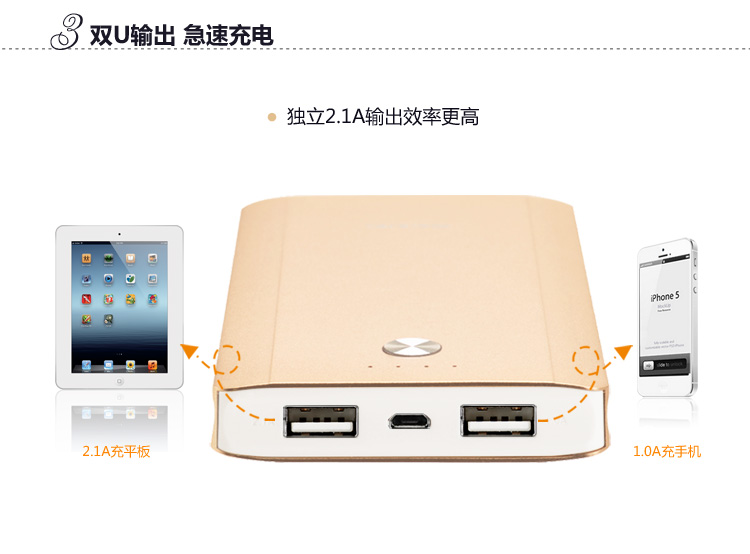 飞毛腿 10200毫安 移动电源/充电宝 聚合物 双USB输出 GL10 香槟金