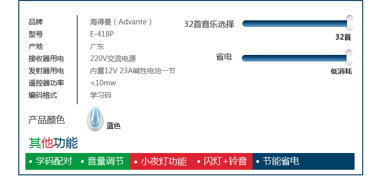 海得曼advent夜灯款无线门铃无线家用呼叫器e418p鸢尾蓝色