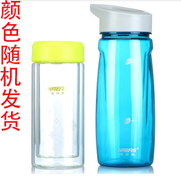 哈尔斯（HAERS） 套装水杯 青彩240ml+550ml双层耐热玻璃+健康PC水杯组合户外办公系列套装 HTZ-054