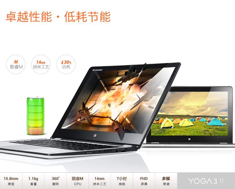 联想（Lenovo）YOGA3 11 11.6英寸触控超薄笔记本电脑（5Y10 4G 256G固态硬盘 摄像头 蓝牙 Win8.1）云帆白