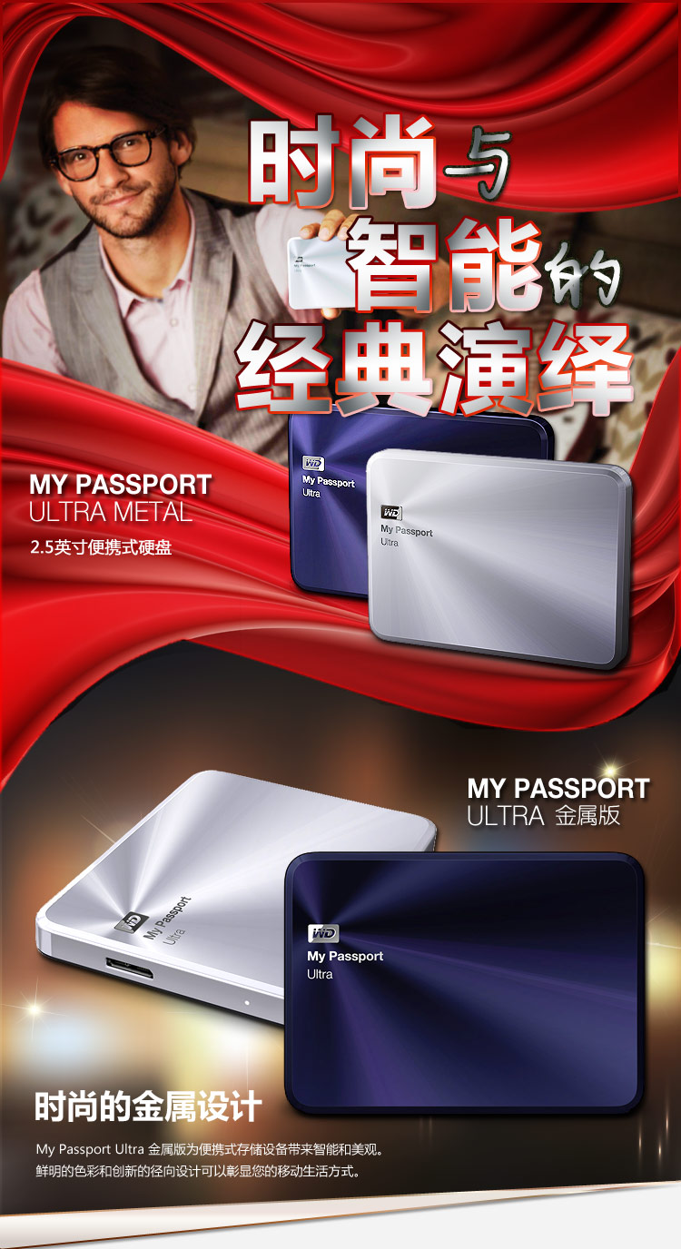 
                                西部数据（WD）My Passport Ultra 金属版USB3.0 2TB 超便携移动硬盘 （宝石蓝）WDBEZW0020BBA            