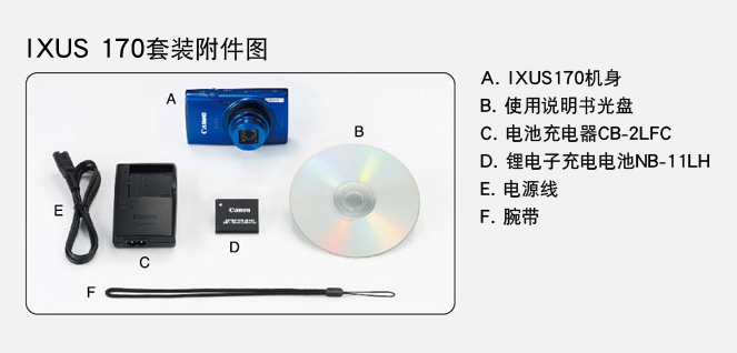 佳能（Canon）IXUS170 数码相机（2000万像素 12倍光学变焦 25mm超广角）黑色套装版（16G卡+相机包）