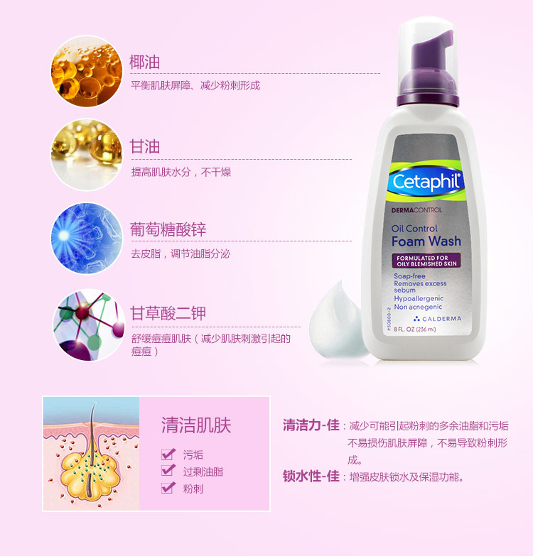 丝塔芙cetaphil净颜控油泡沫洁面乳236ml(控油洗面奶 洁面膏 男女适用